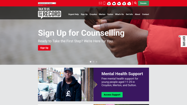 Screenshot of the "Off The Record" Youth Counselling Croydon website