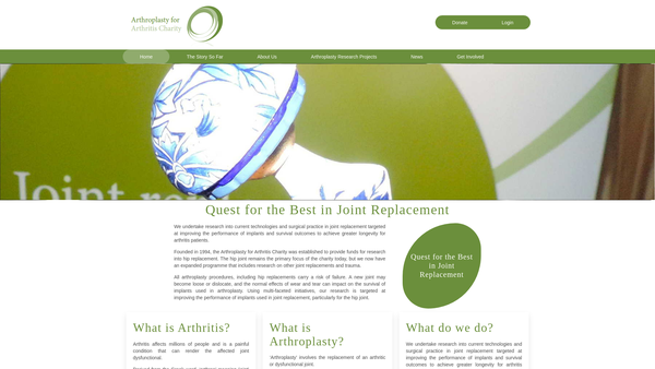 Screenshot of the Arthroplasty For Arthritis Charity website