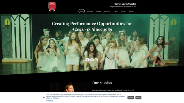Screenshot of the The Gantry Youth Theatre website