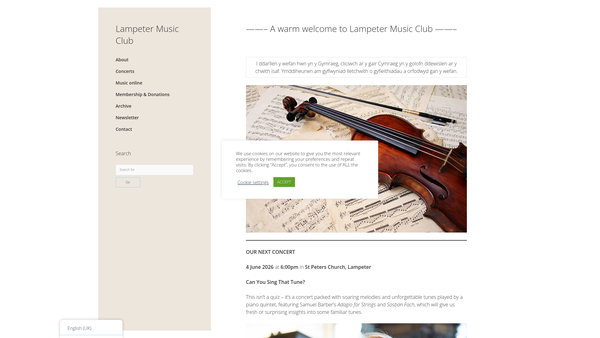 Screenshot of the Lampeter Music Club website