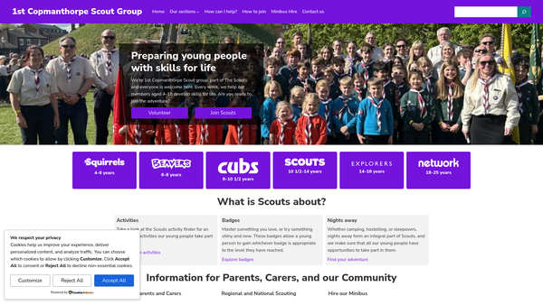 Screenshot of the 1st Copmanthorpe Scout Group website