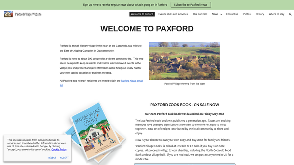Screenshot of the Paxford Village Hall website