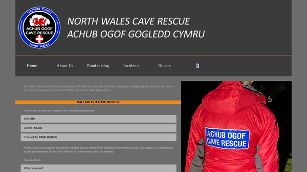 Screenshot of the North Wales Cave Rescue Organisation website