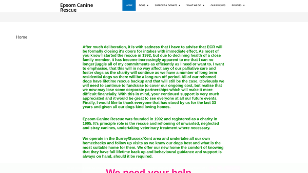 Screenshot of the Epsom Canine Rescue website