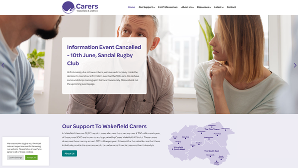 Screenshot of the Wakefield And District Carers Association website