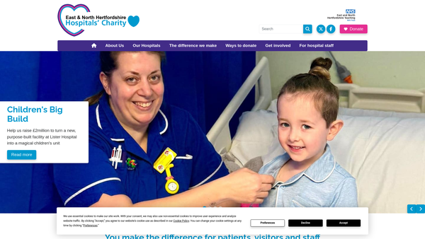 Screenshot of the East And North Hertfordshire NHS Trust Charitable Fund website