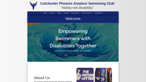 Screenshot of the Colchester Phoenix Amateur Swimming Club website