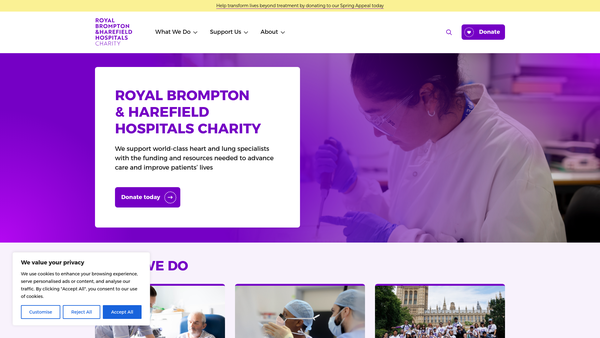 Screenshot of the Royal Brompton And Harefield Hospitals Charity website