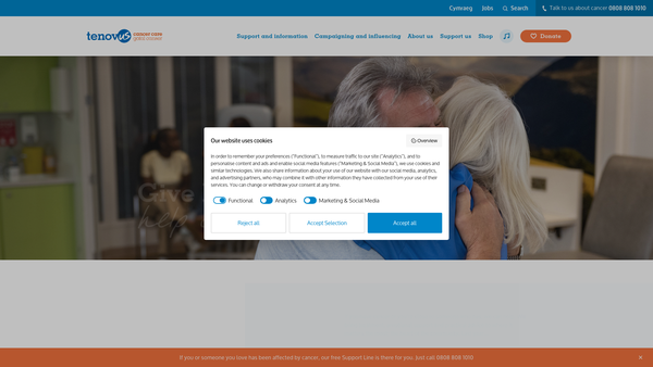Screenshot of the Tenovus Cancer Care website