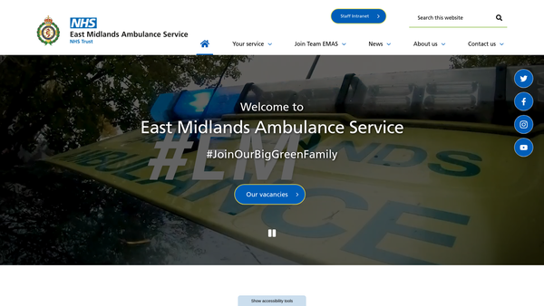 Screenshot of the East Midlands Ambulance Service NHS Trust Charitable Fund And Other Related Charities website