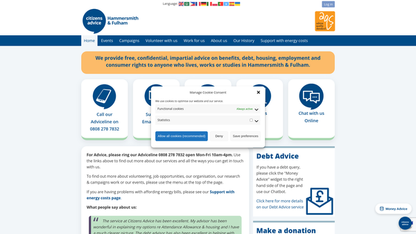 Screenshot of the Hammersmith And Fulham Citizens Advice Bureaux Service website