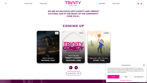 Screenshot of the Trinity Theatre And Arts Centre Limited website