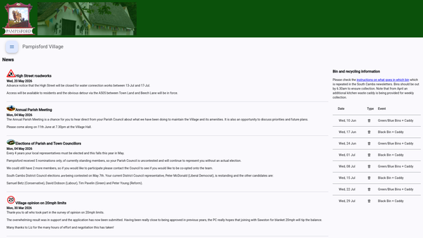 Screenshot of the Pampisford Village Hall website