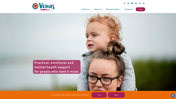 Screenshot of the Venus Working Creatively With Young Women website