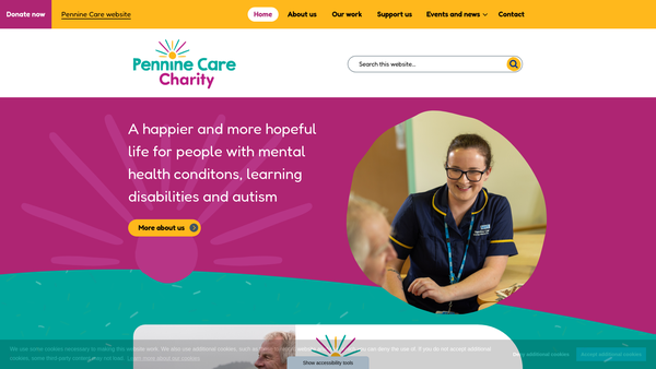 Screenshot of the Pennine Care Charity website