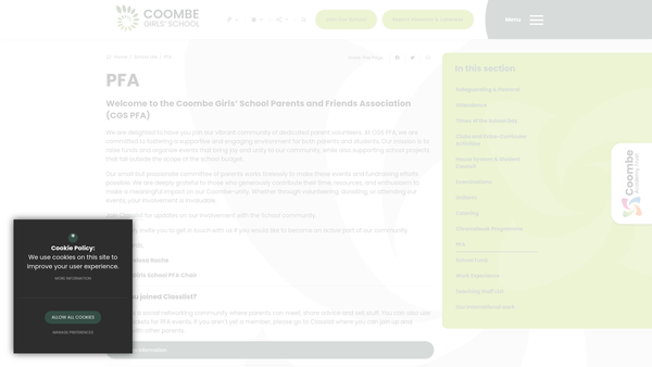 Screenshot of the Coombe Girls' School Parents And Friends Association website