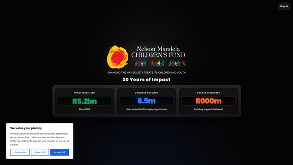 Screenshot of the Nelson Mandela Children's Fund (UK) website
