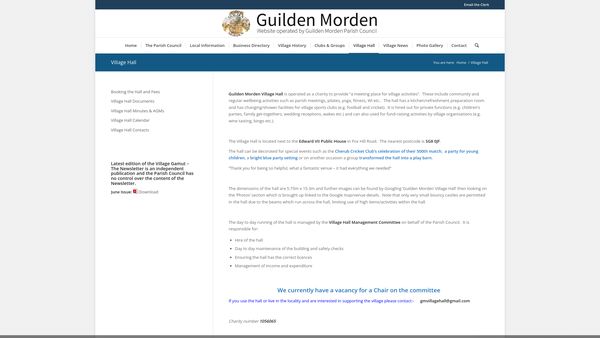 Screenshot of the Guilden Morden Village Hall website