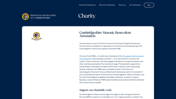 Screenshot of the Province Of Cambridgeshire Masonic Benevolent Association website