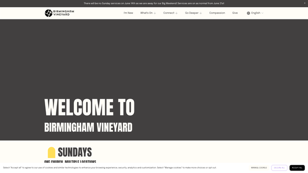 Screenshot of the Birmingham Vineyard website