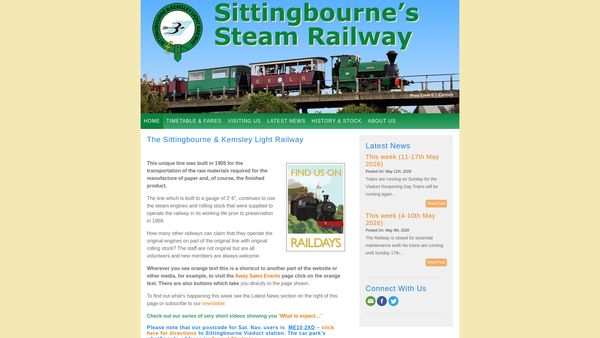 Screenshot of the Sittingbourne And Kemsley Light Railway Limited website