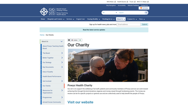 Screenshot of the Powys Teaching Local Health Board Charitable Fund And Other Related Charities website
