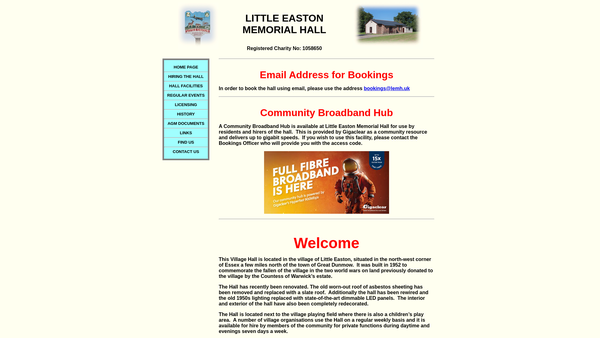 Screenshot of the Trustees Of Little Easton Memorial Hall website