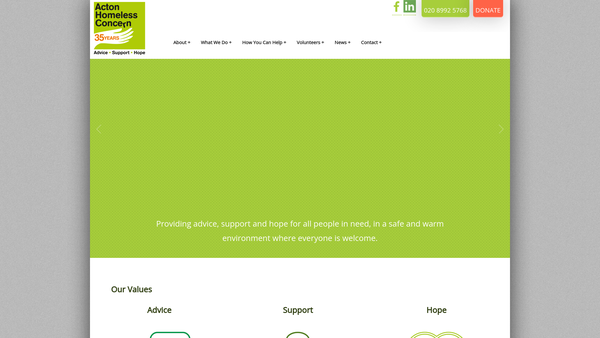 Screenshot of the Acton Homeless Concern (Emmaus House And Damien Centre) website