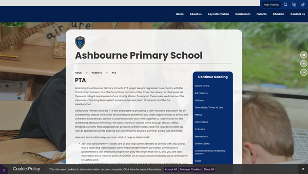 Screenshot of the Ashbourne Primary School Parent Teacher Association website