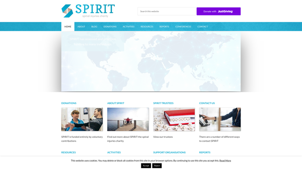 Screenshot of the Spirit (Spinal Paralysis And Injuries Research Information And Training) website