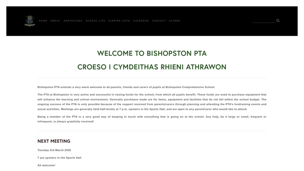 Screenshot of the Bishopston Comprehensive School Parent Teachers Association website