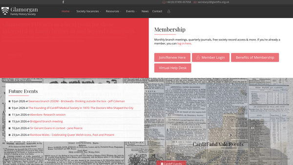 Screenshot of the The Glamorgan Family History Society website