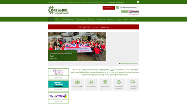 Screenshot of the Rushmoor Voluntary Services website