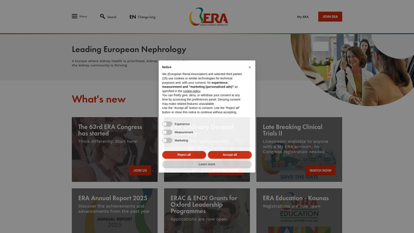 Screenshot of the European Renal Association website