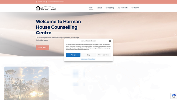 Screenshot of the Harman House Counselling Centre website