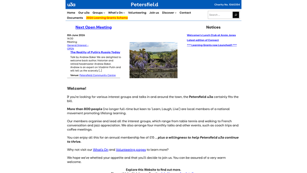 Screenshot of the Petersfield University Of The Third Age website