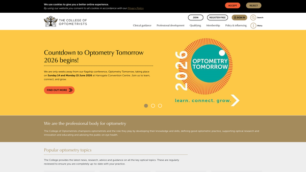 Screenshot of the The College Of Optometrists website