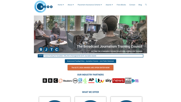 Screenshot of the Broadcast Journalism Training Council website