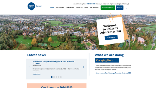 Screenshot of the Harrow Citizens Advice Bureaux Service Ltd website