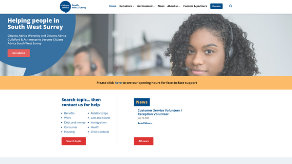 Screenshot of the Citizens Advice South West Surrey website