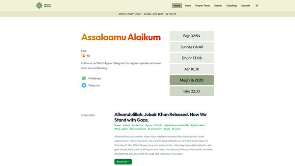 Screenshot of the Reading Muslim Council website