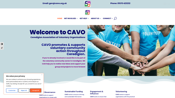 Screenshot of the Cymdeithas Mudiadau Gwirfoddol Ceredigion / Ceredigion Association Of Voluntary Organisations website