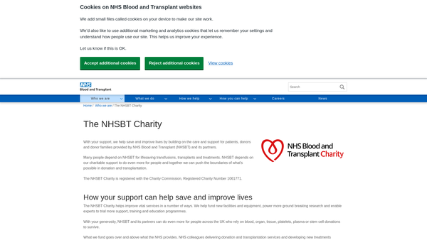 Screenshot of the NHS Blood And Transplant Trust Fund website
