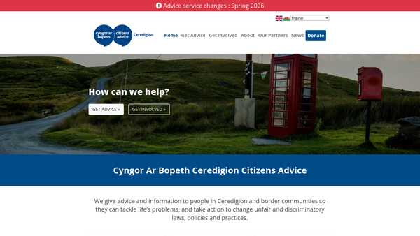 Screenshot of the Cyngor Ar Bopeth Ceredigion Citizens' Advice Bureau website