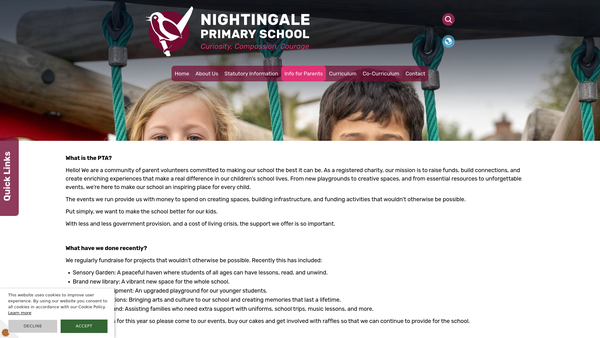 Screenshot of the Nightingale Primary School Parent Teacher Association website