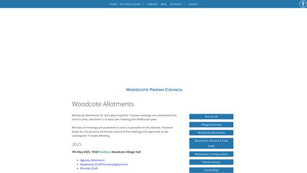 Screenshot of the Woodcote Allotment Charity website