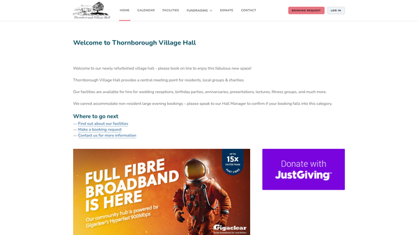 Screenshot of the Thornborough Village Hall website