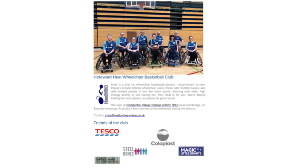 Screenshot of the Hereward Heat Wheelchair Basketball Club website