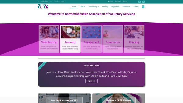 Screenshot of the Cymdeithas Gwasanaethau Gwirfoddol Sir Gar / Carmarthenshire Association Of Voluntary Services website