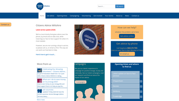 Screenshot of the Wiltshire Citizens Advice website